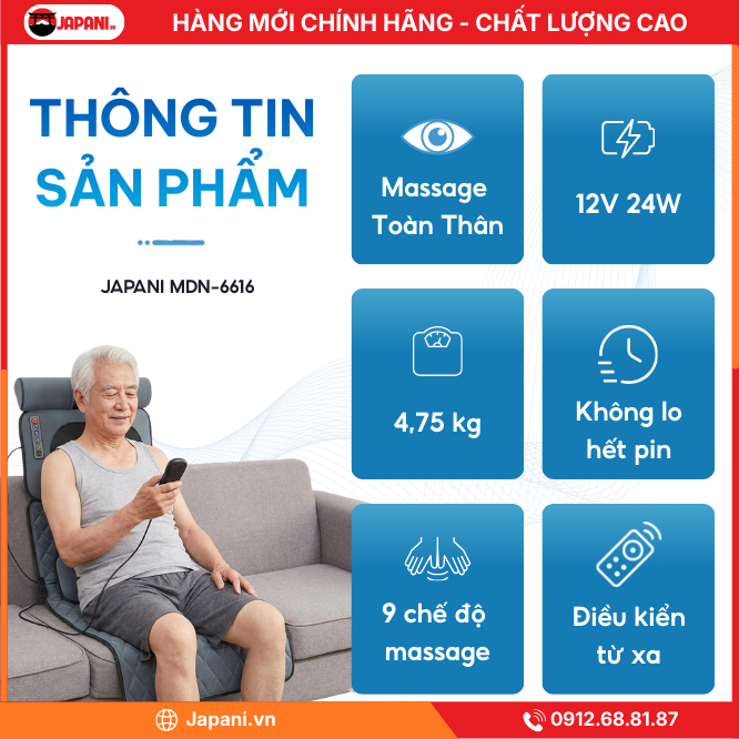 Thông Tin Về Nệm massage toàn thân cao cấp JAPANI MDN-6616