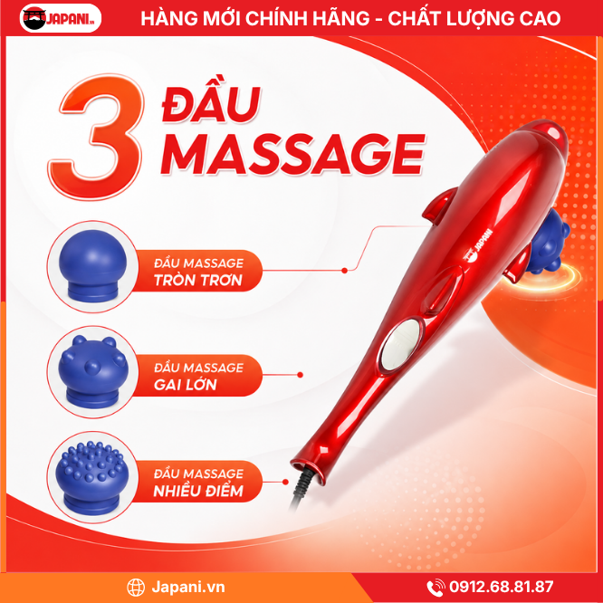 3 đầu massage của Máy massage cầm tay cá heo nút gạt JAPANI MCT-7383 New