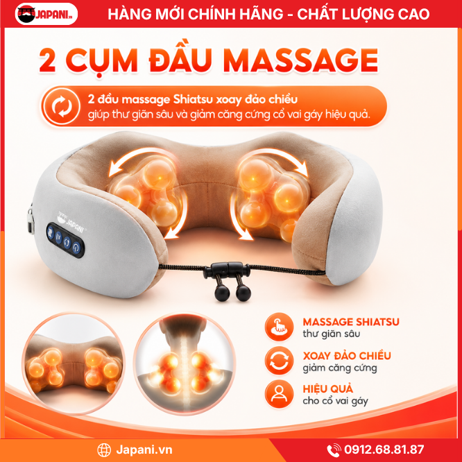 2 cụm đầu massage của Gối massage chữ U JAPANI CVG-7552 sạc pin, 4 nút bấm