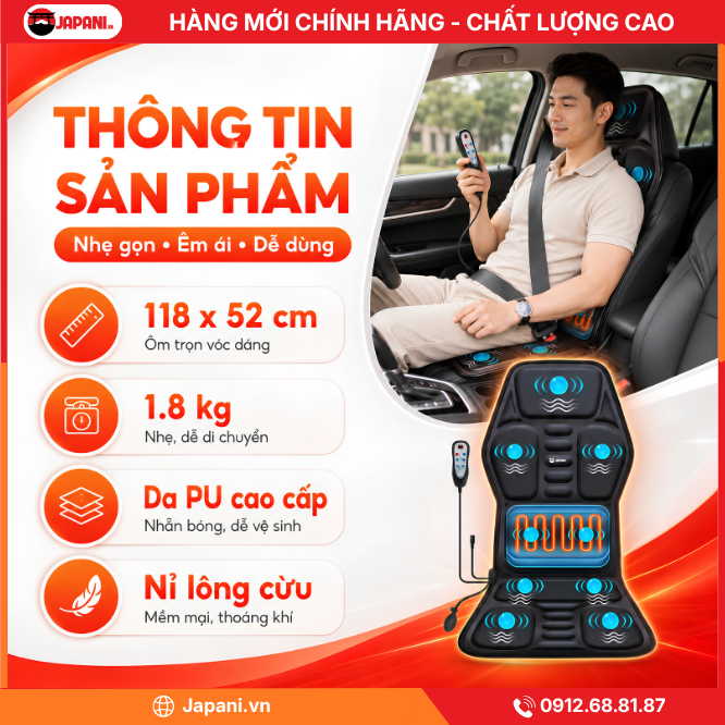 Thông tin về Nệm massage trên ô tô JAPANI MDN-7801 mát xa toàn thân