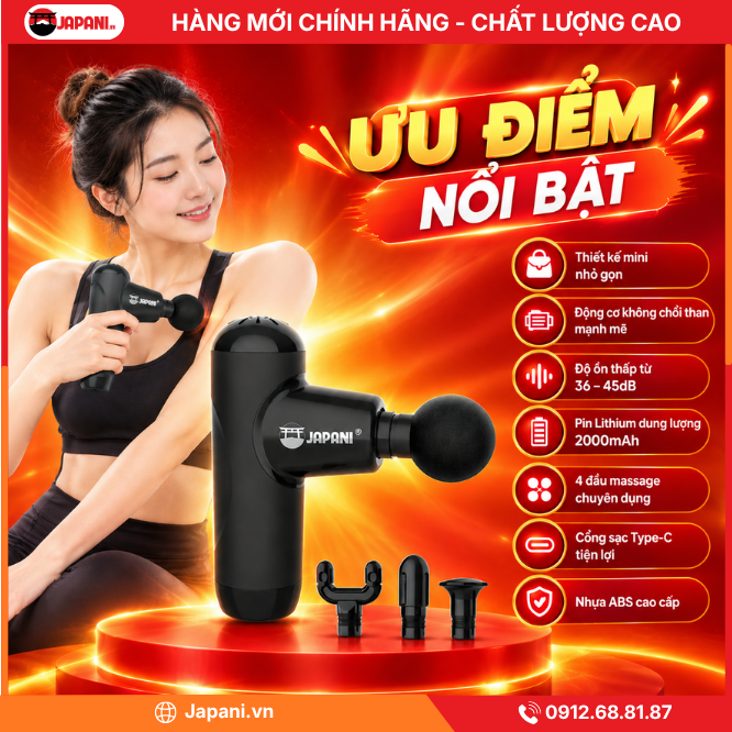 Súng Massage Cầm Tay Mini JAPANI CTMINI-8070 Cao Cấp 4 Đầu Hỗ Trợ Mát Xa Toàn Thân