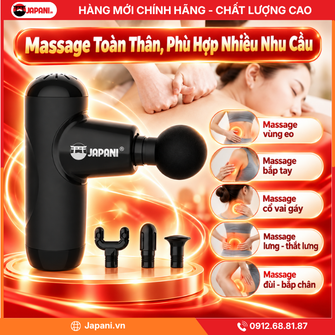 Súng Massage Cầm Tay Mini JAPANI CTMINI-8070 Cao Cấp 4 Đầu Hỗ Trợ Mát Xa Toàn Thân